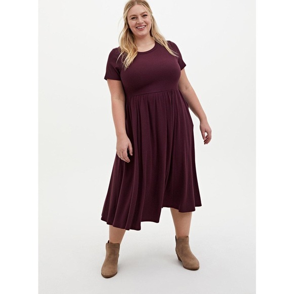torrid Dresses & Skirts - Torrid Burgundy Purple Rib Midi Dress Ribbed Short Sleeve Women's Plus Size 2 2X